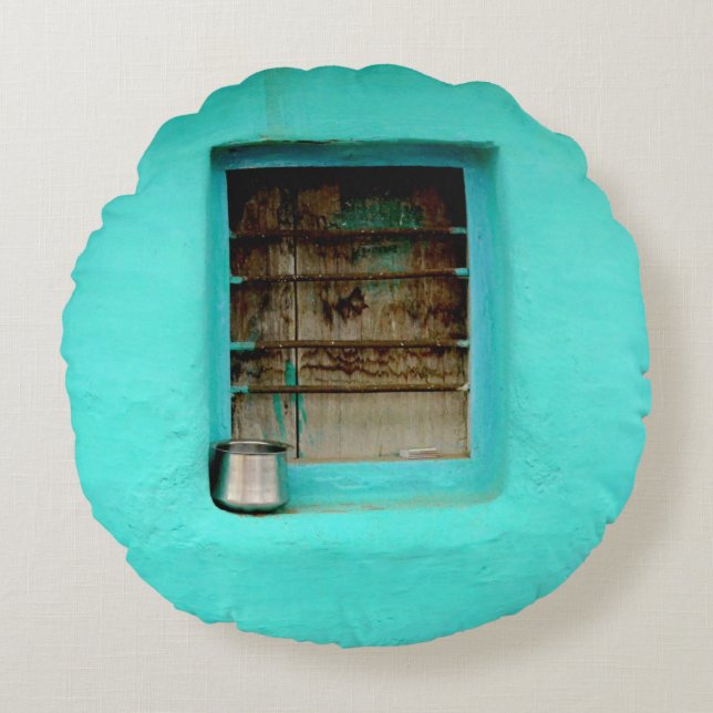 GRAY STEEL CONTAINER ON WINDOW WITH TEAL PAINT ROUND CUSHION (Front)
