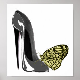 Gray Stiletto High Heel Shoe and Yellow Butterfly Poster