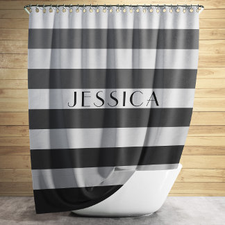 Gray Striped Pattern Personalized Name Shower Curtain