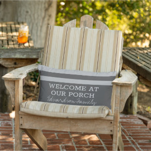 Gray stripes welcome porch family name outdoor lumbar cushion