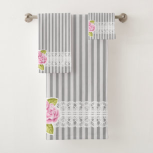 GRAY STRIPES WITH PINK FLOWERS BATH TOWEL SET