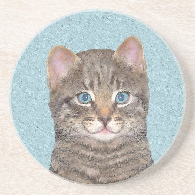 Gray Tabby Cat Painting - Cute Original Cat Art Coaster (Front)
