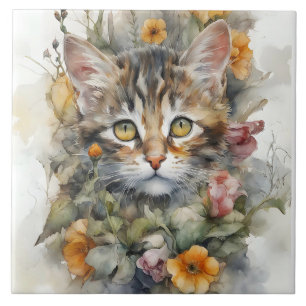 Gray Tabby Cat with Flowers Portrait  Tile