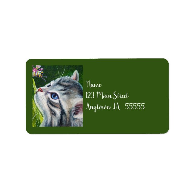 Gray Tabby Kitten & Caterpillar Watercolor Art Label (Front)