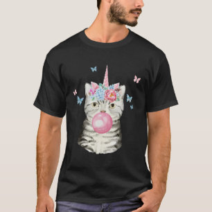 Gray Tabby Tiger Cat With Bubblegum Unicorn Happy T-Shirt