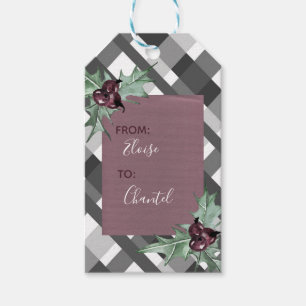 Gray Tartan Purple Floral Christmas Holiday Gift Tags