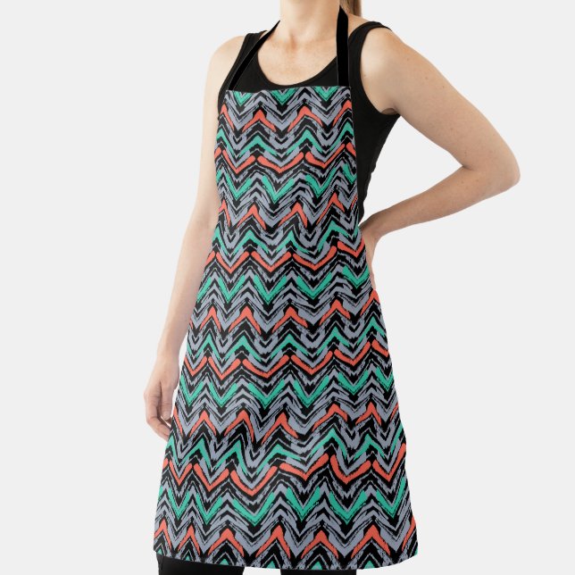 Gray, Teal, And Coral Hand Drawn Chevron Pattern Apron (Insitu)