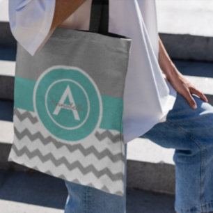 Gray Teal Chevron Tote Bag
