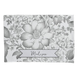Gray Vintage Chinoiserie Floral Personalized Pillowcase