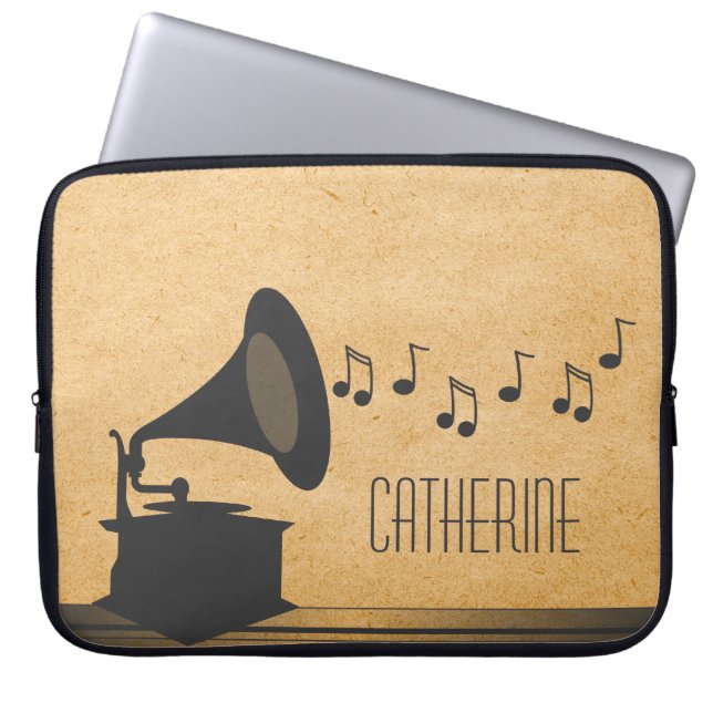 Gray Vintage Gramophone Laptop Sleeve (Front)