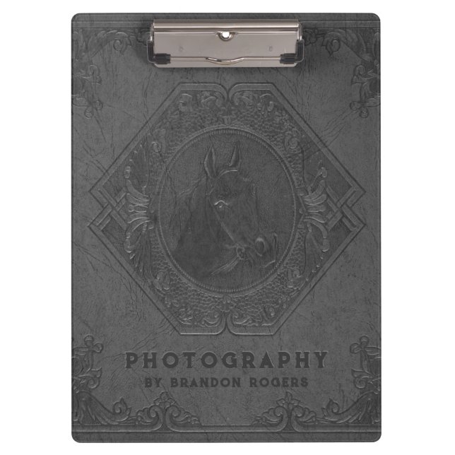 Gray vintage leather embossed horse-head clipboard (Front)