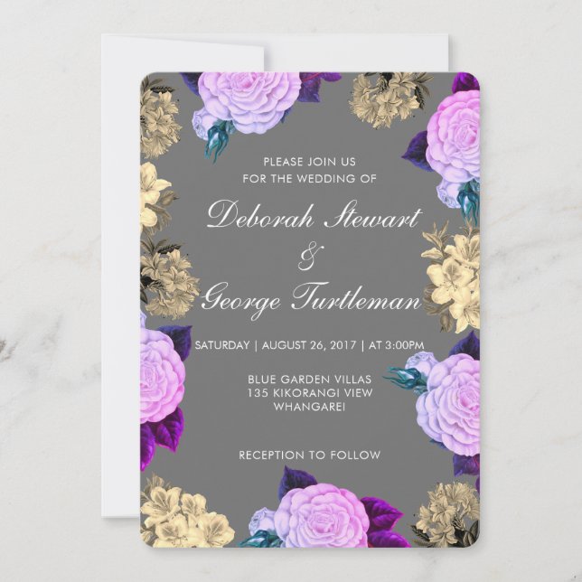 Gray Violet Floral Wedding Invitation (Front)