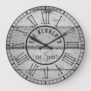 Gray Weathered Wood Family Name Roman Numeral Large Clock