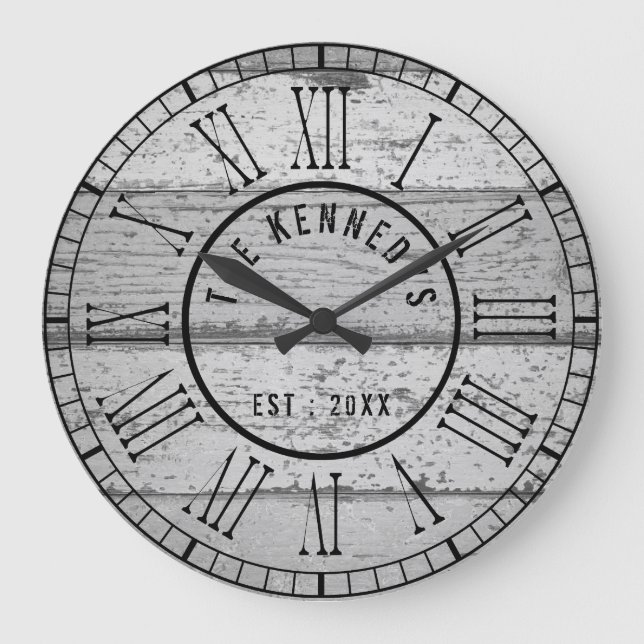 Gray Weathered Wood Family Name Roman Numeral Large Clock (Front)
