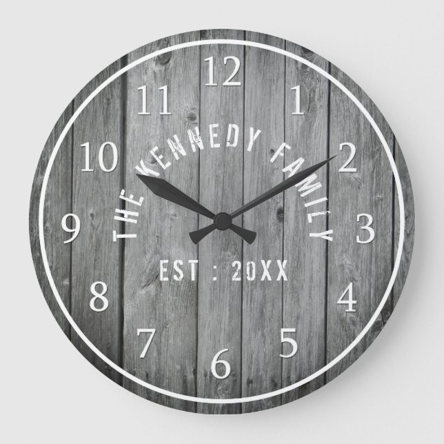 Gray Weathered Wood Farmhouse Family Name Large Clock (Front)