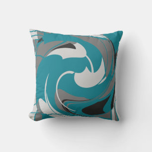 Gray White Black on Teal Blue Abstract Art Flower Cushion
