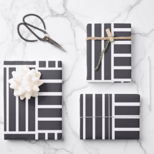 Gray White Horizontal Vertical Stripes Wrapping Paper Sheet