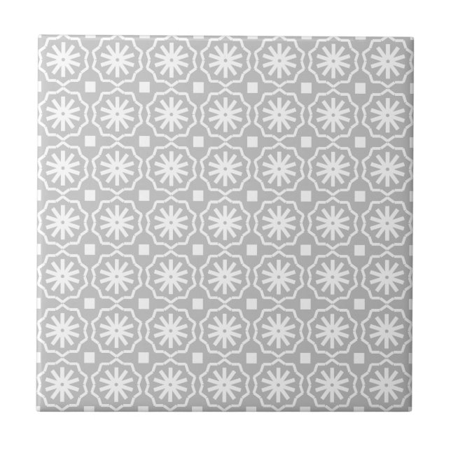Gray white modern geometric floral pattern tile (Front)