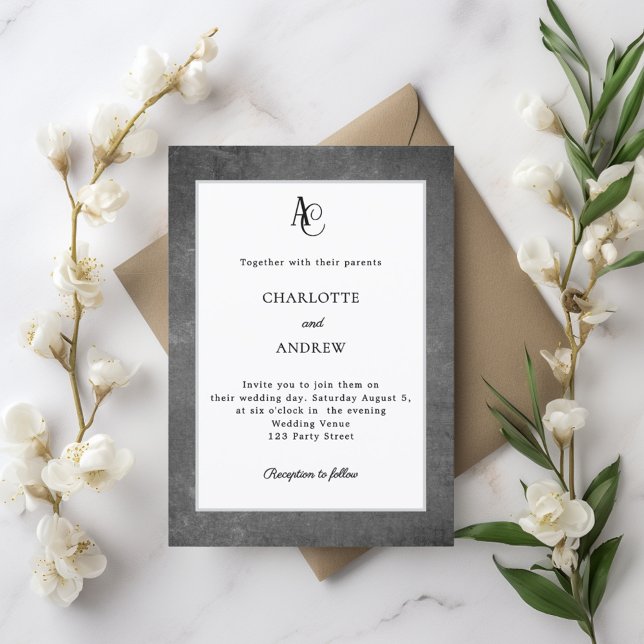 Gray white modern monogram rustic wedding invitation (Creator Uploaded)