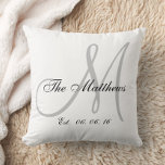 Gray White Monogram Family Newlywed Keepsake Cushion<br><div class="desc">Personalized gray and white monogrammed pillow with your family's last name and wedding date in a script font overlay design on a white background. Elke Clarke© Available at www.zazzle.com/monogramgallery. Makes a great gift for newly weds or a family. Great trendy, elegant accessory for your bedroom, favorite chair, as fun home...</div>