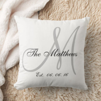 Gray White Monogram Family Newlywed Keepsake Cushion