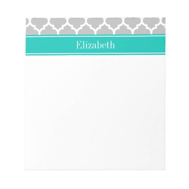 Gray White Moroccan #5 Teal Name Monogram Notepad (Front)