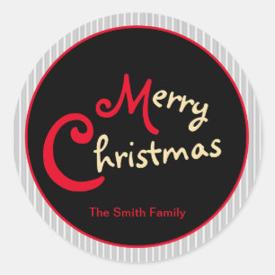 Gray White Pinstripe Red Bow on Black Classic Round Sticker