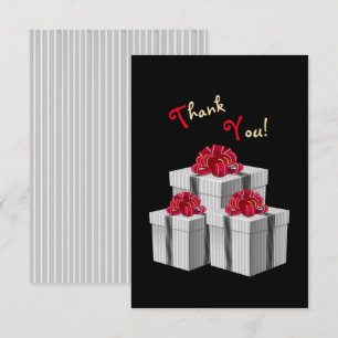 Gray White Pinstripe Red Bow Presents on Black Thank You Card