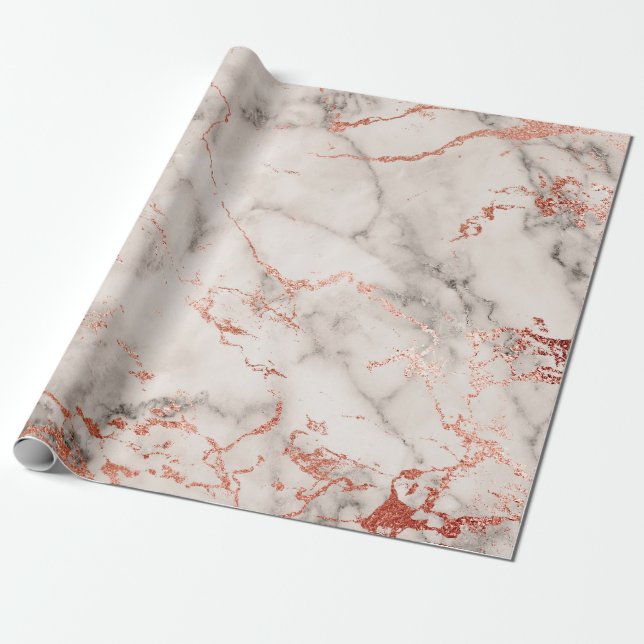 Gray White Rose Gold Pink Marble Stone Brushes Wrapping Paper (Unrolled)