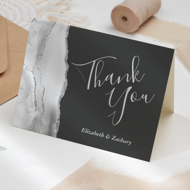 Gray White Silver Agate Dark Wedding Thank You Card (Creator Uploaded)