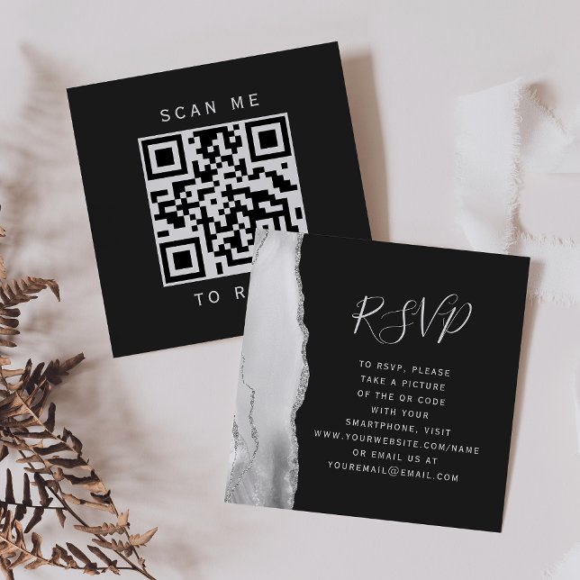Gray White Silver Agate Slate Wedding QR Code RSVP Enclosure Card (Creator Uploaded)