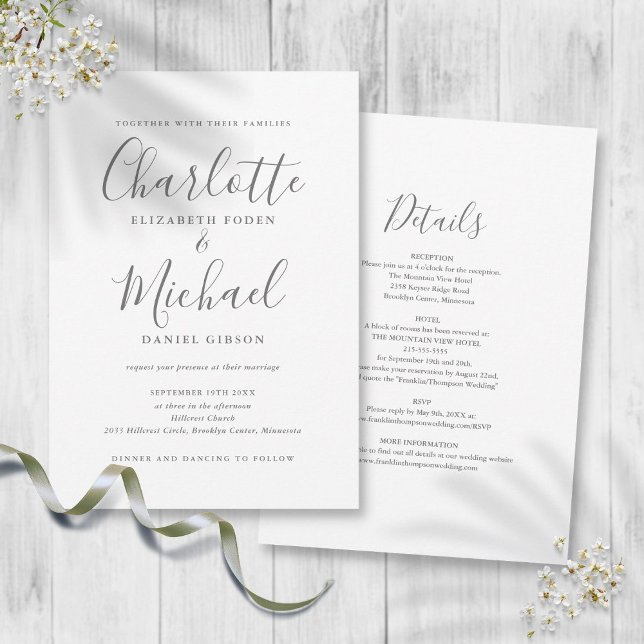 Gray White Simple All In One Chic Script Wedding Invitation (Gray White Simple All In One Chic Script Wedding Invitation)