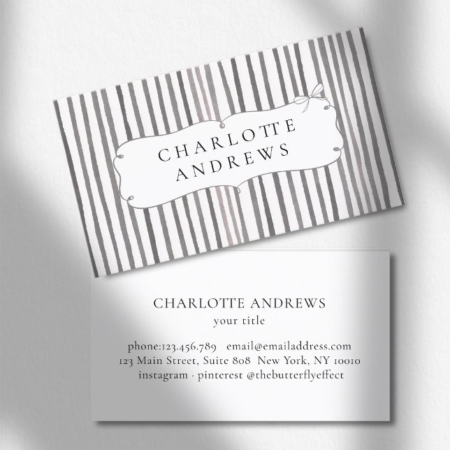Gray White Stripe Vintage Bow  Business Card (Gray White Stripe Vintage Bow Business Card)