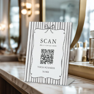 Gray White Stripe Vintage Bow QR Code Menu Sign