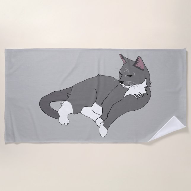 Gray & White Tuxedo Cat Beach Towel (Front)