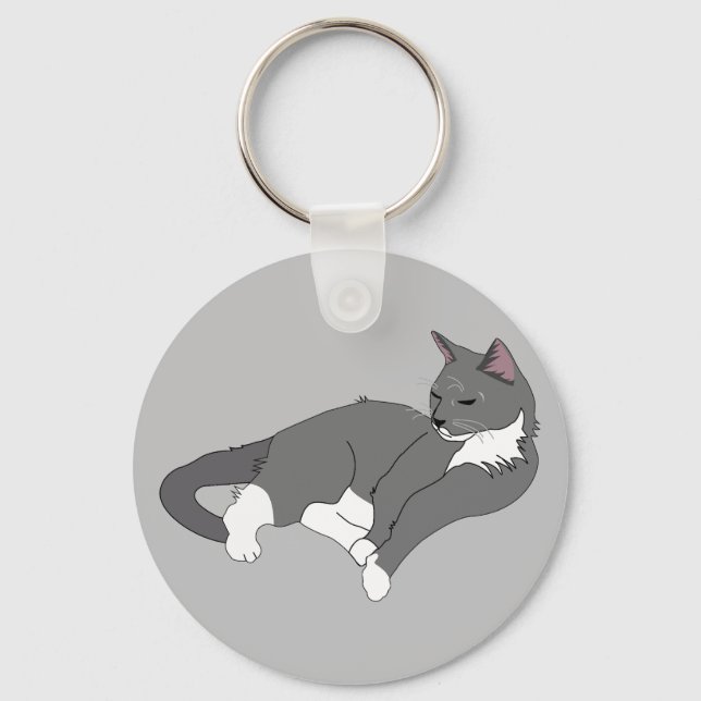 Gray & White Tuxedo Cat Key Ring (Front)