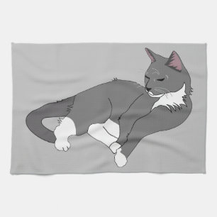 Gray & White Tuxedo Cat Tea Towel