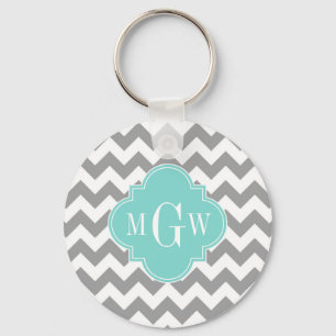 Gray Wht Chevron Aqua Quatrefoil 3 Monogram Key Ring