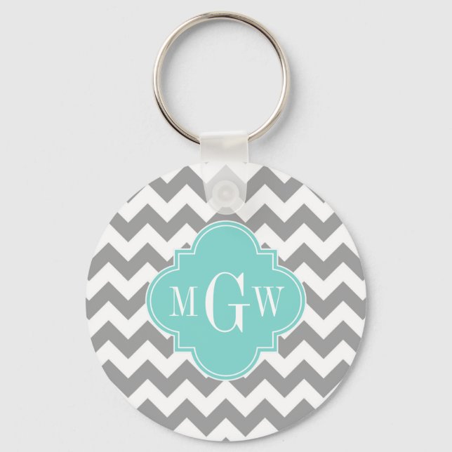 Gray Wht Chevron Aqua Quatrefoil 3 Monogram Key Ring (Front)