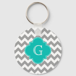 Gray Wht Chevron ZigZag Teal Quatrefoil Monogram Key Ring