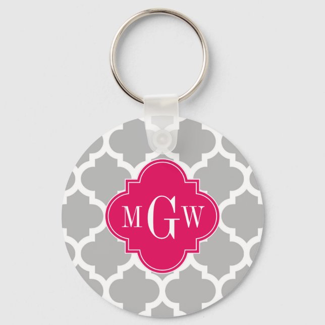 Gray Wht Moroccan #5 Raspberry 3 Initial Monogram Key Ring (Front)
