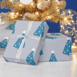 GRAY WITH BLUE & WHITE CHRISTMAS TREES WRAPPING PAPER