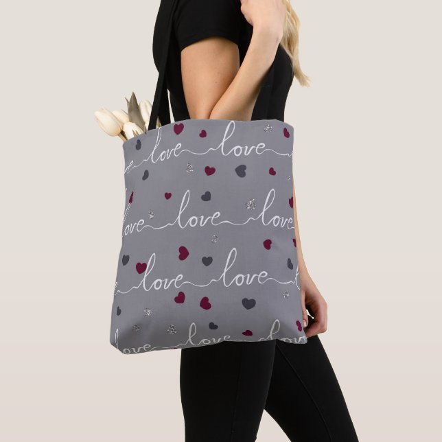 GRAY WITH BURGUNDAY HEARTS & WHITE SCRIPT LOVE TOTE BAG (Close Up)