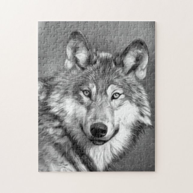Gray Wolf Art Painting Graphic | Black and White Jigsaw Puzzle (Vertical)