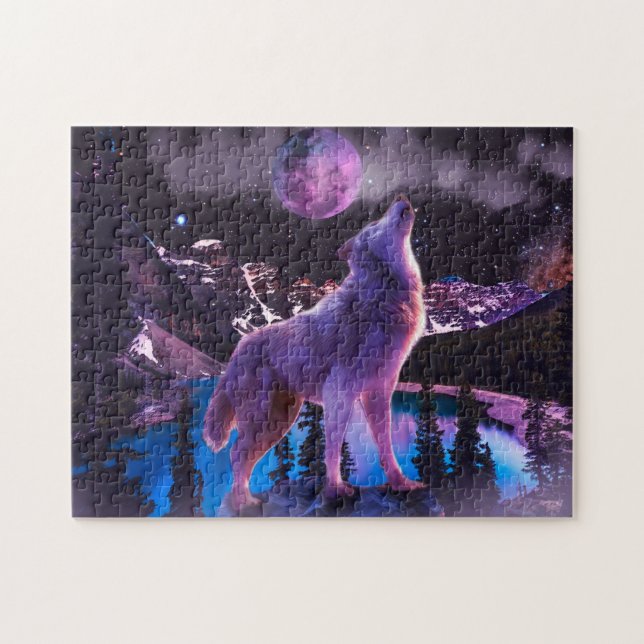 Gray wolf howling in forest jigsaw puzzle (Horizontal)