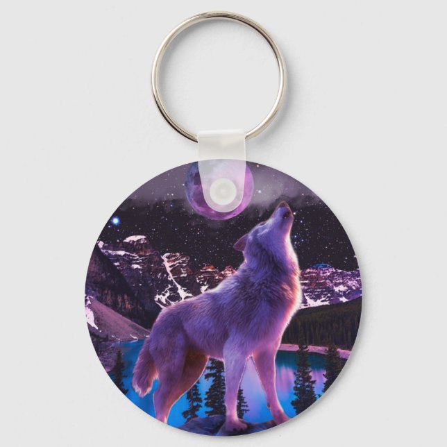 Gray wolf howling in forest key ring (Front)