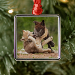 Gray Wolf Pups Wresting Metal Tree Decoration