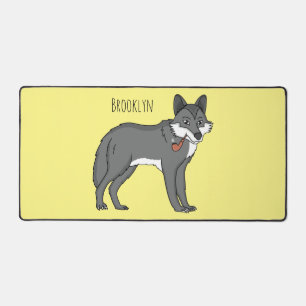 Gray wolf with pipe cartoon illustration desk mat