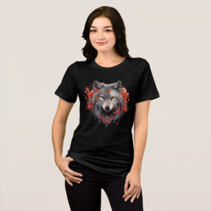 Gray Wolf with Red Flowers Illustration Tri-Blend Shirt