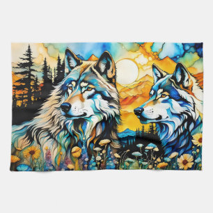 Gray wolves and Wildflowers Tea Towel